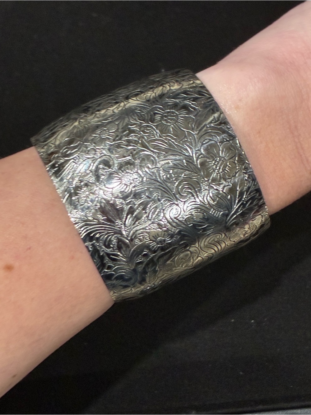 Vintage Silver Repousse Floral Cuff Bracelet